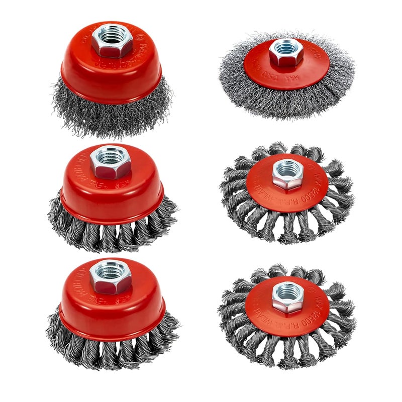 AUPREX 4 1/2" Angle Grinder Wire Wheel Set - 4 Inch & 3 Inch Knotted Coarse Crimped Wheels, Cup Brush with 5/8-11UNC Threaded Arbor - Image 1